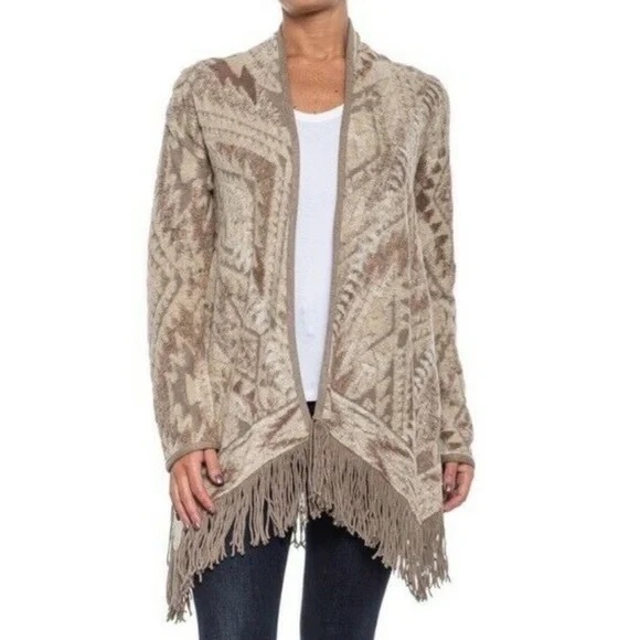 LuckyBrand Women Neutral Aztec OpenFront Fringe Cardigan Shawl Sweater Scarf XS - Picture 9 of 9